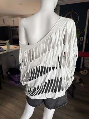White Cut-Out Distressed Slashed Long Sleeve Cover Up Top
